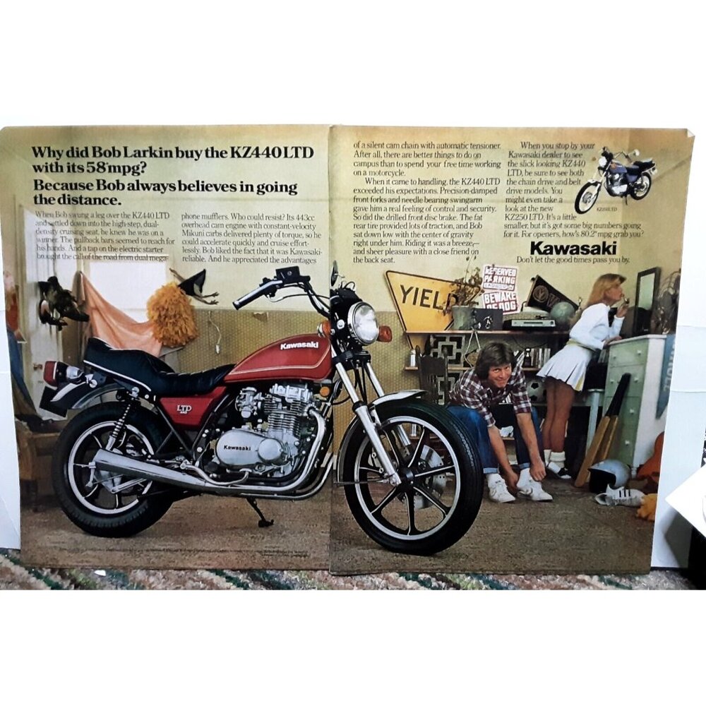 1980 Kawasaki KZ440 LTD Motorcycle 2 Page Original Print Ad vintage 80s